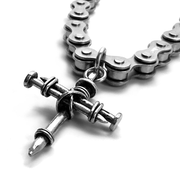 Pewter Nail Cross on Heavy Bike Chain Silver - Forgiven Jewelry