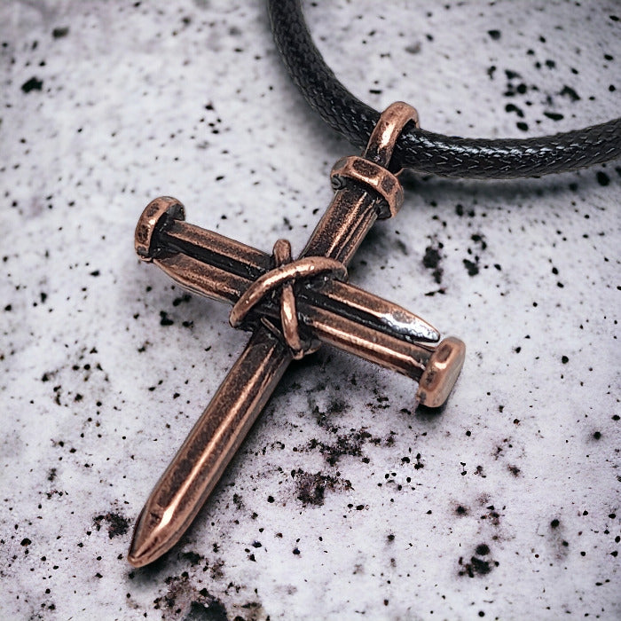 Antique Nail Cross Necklace In Copper