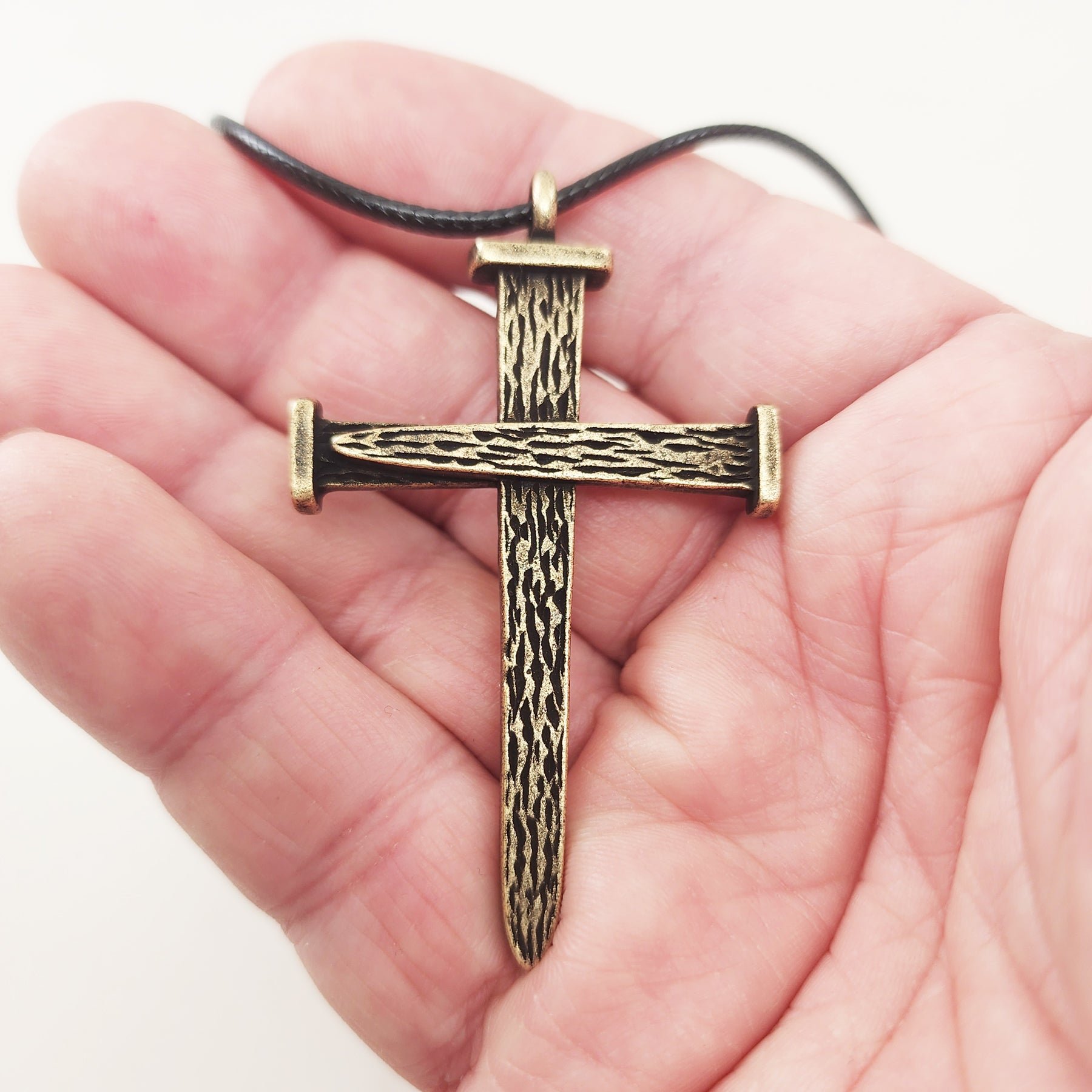 Leo Nail Cross Antique Brass Metal Finish Pendant (Leo-b-cord) Black Cord Necklace