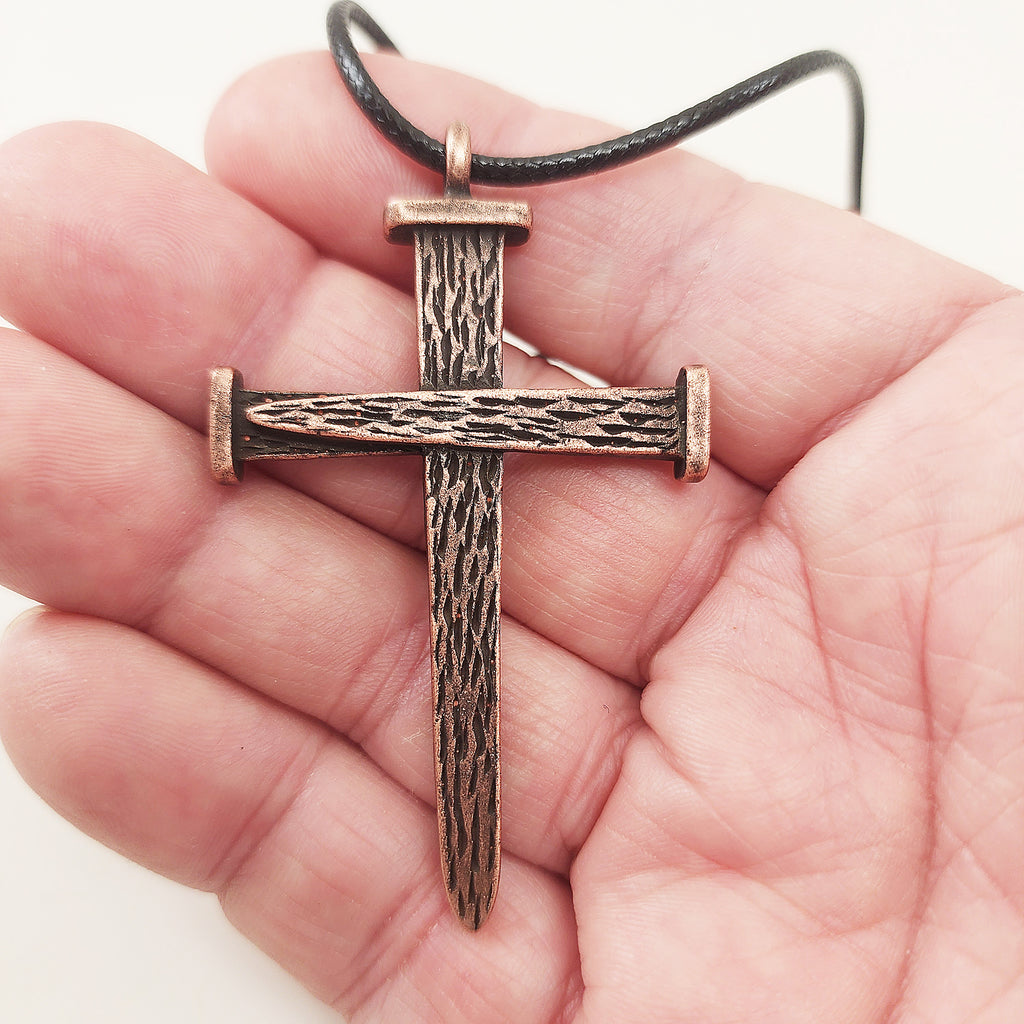 Leo Nail Cross Antique Copper Metal Finish Pendant (Leo-c-cord) Black Cord Necklace
