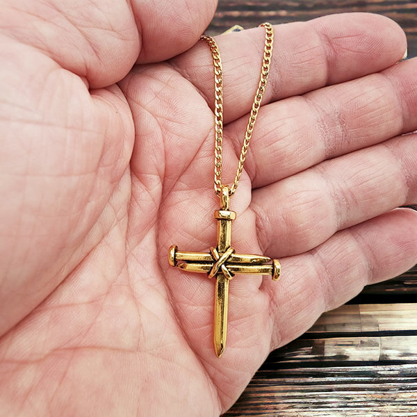 Nail Cross Gold Finish Pendant Gold Finish Chain Necklace