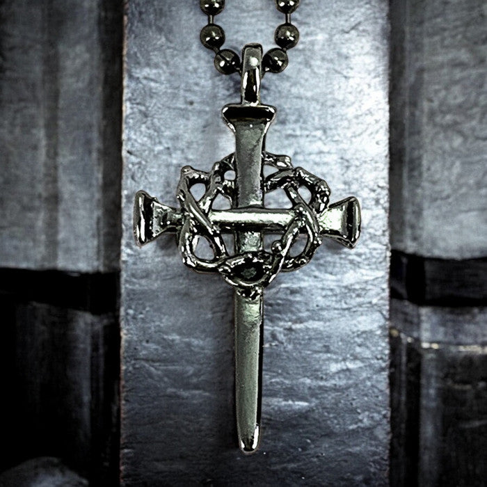 Nail Crown Cross In Gunmetal Finish with Gunmetal Ball Chain Necklace
