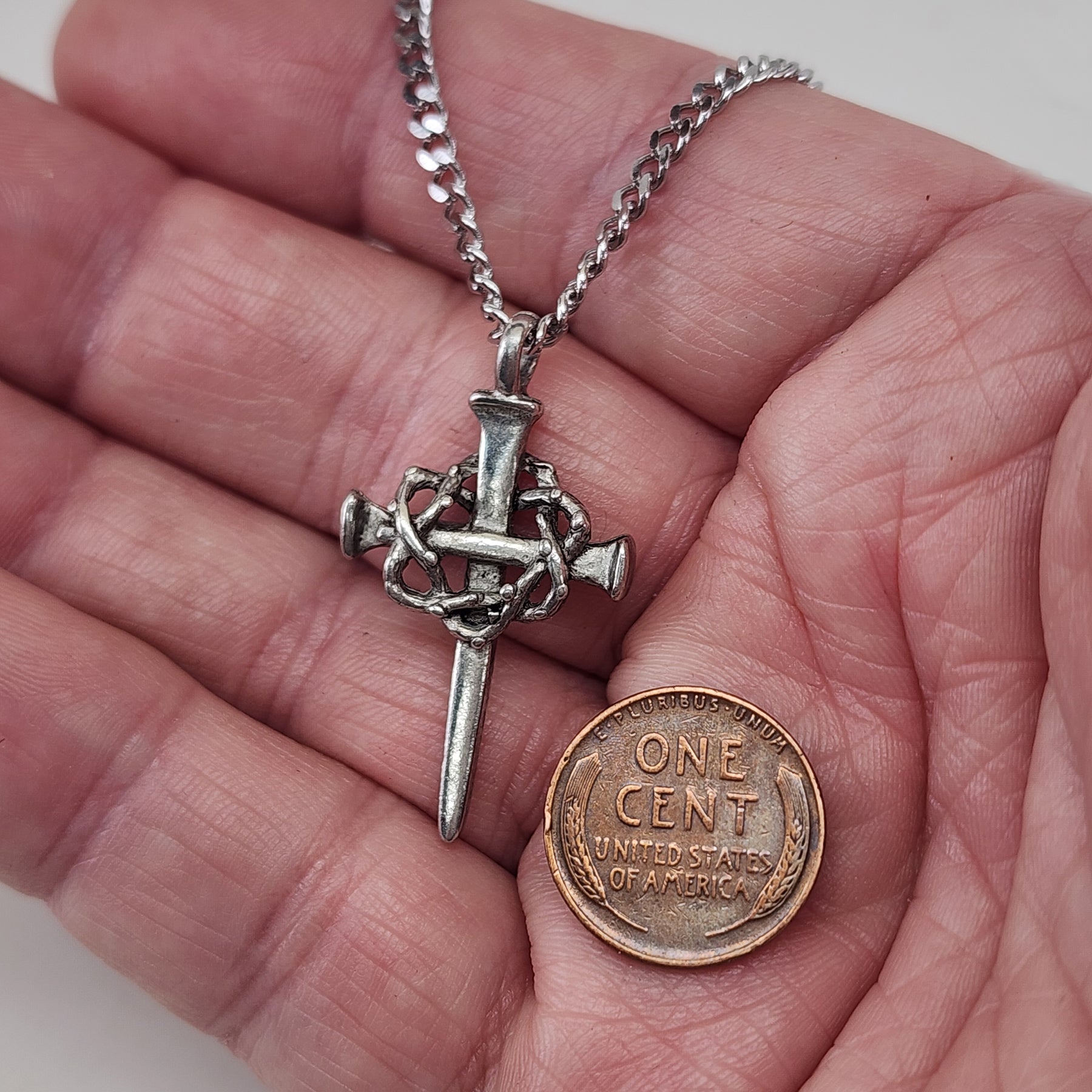 Crown Of Thorns Nail Cross Necklace Silver Finish On Chain