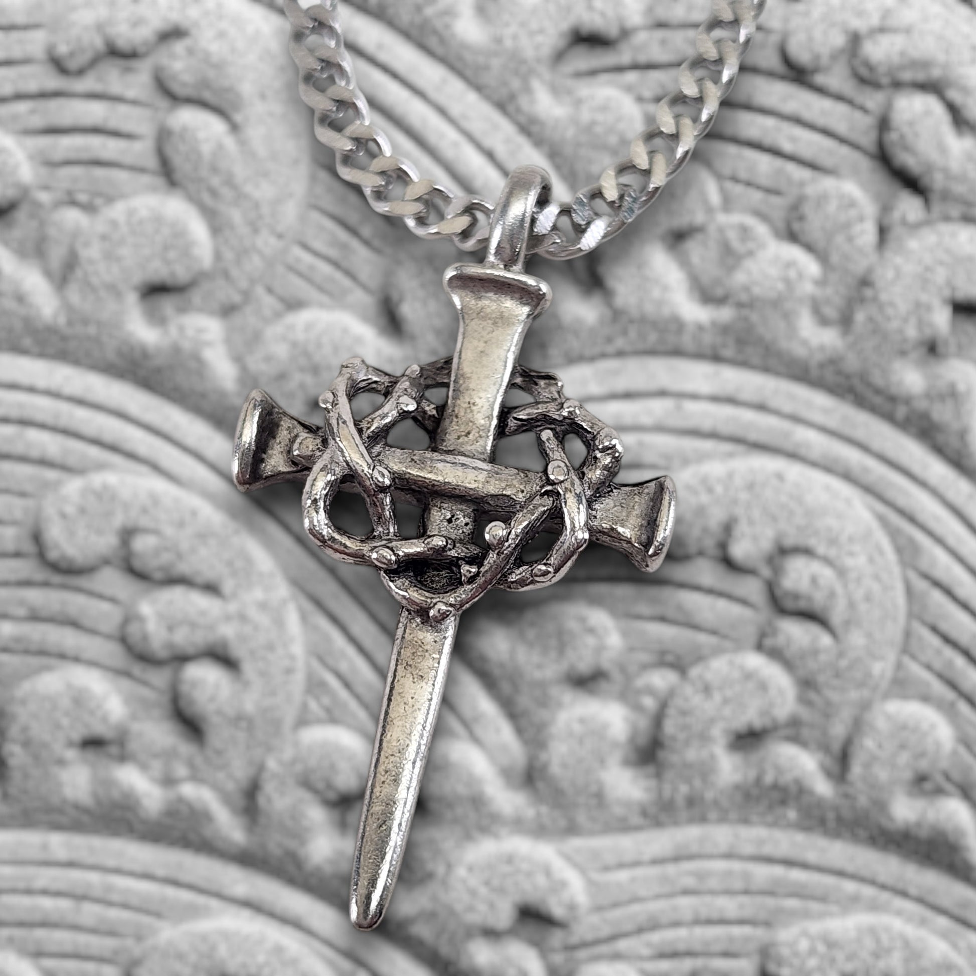 Crown Of Thorns Nail Cross Necklace Silver Finish On Chain