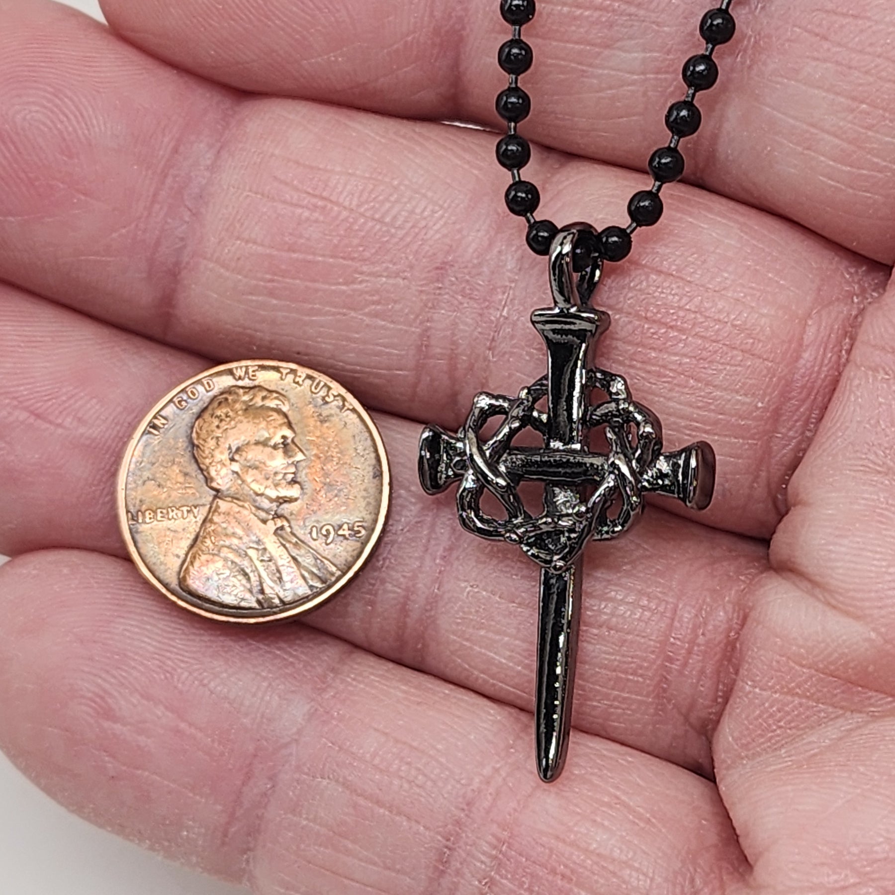 Nail Crown Cross In Gunmetal Finish with Gunmetal Ball Chain Necklace