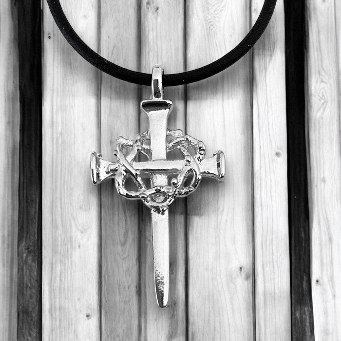 Crown Of Thorns Nail Cross Necklace Rhodium Finish