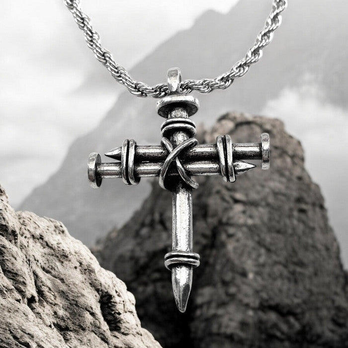 Nail Cross Necklace Antique Silver Finish Rope Chain