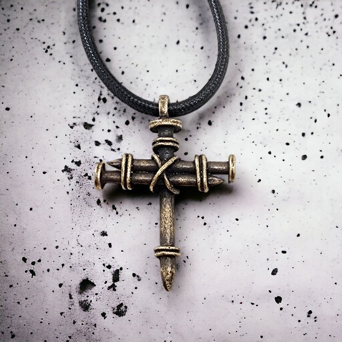 Pewter Nail Cross Necklace Brass