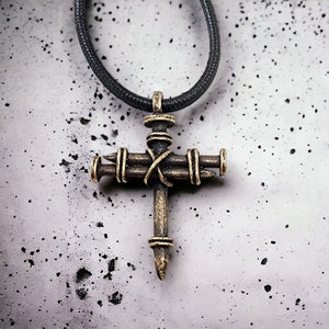 Pewter Nail Cross Necklace Brass