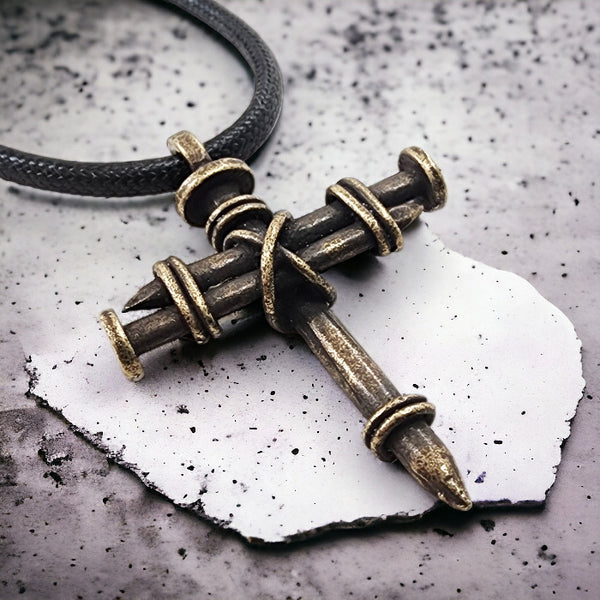 Pewter Nail Cross Necklace Brass