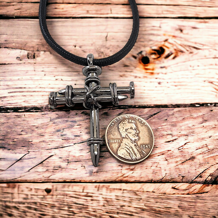 Pewter Nail Cross Necklace Gunmetal