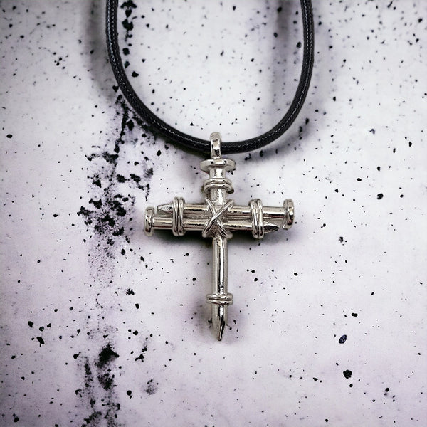 Pewter Nail Cross Necklace Rhodium Bling