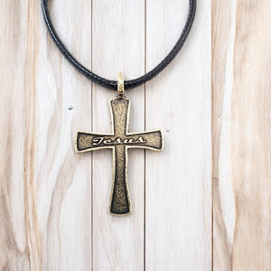 Jesus Cross Antique Brass Metal Finish Black Cord Necklace