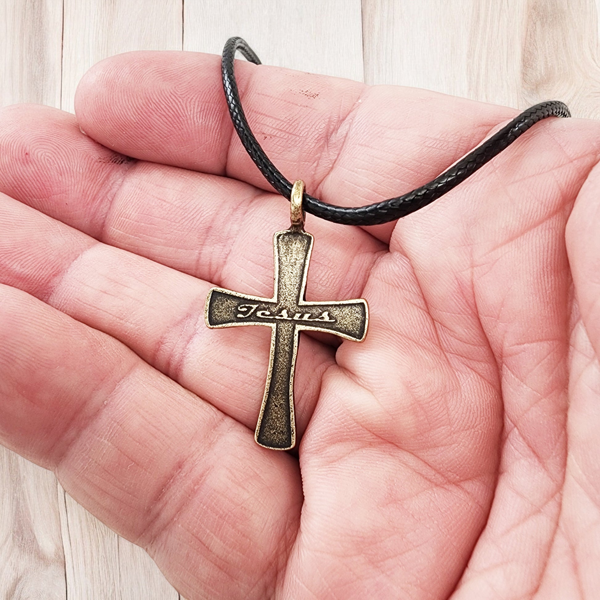 Jesus Cross Antique Brass Metal Finish Black Cord Necklace