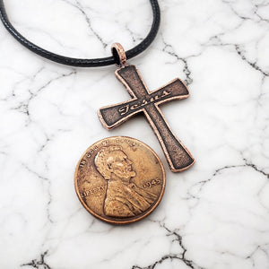 Jesus Cross Antique Copper Metal Finish Black Cord Necklace