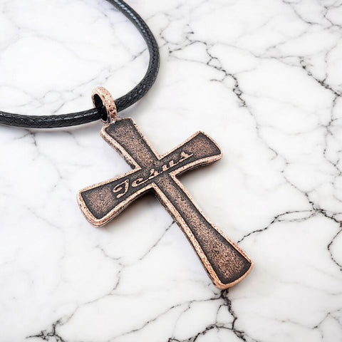 Jesus Cross Antique Copper Metal Finish Black Cord Necklace