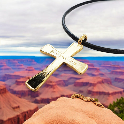 Cross Forgiven Gold Metal Finish Black Cord Necklace