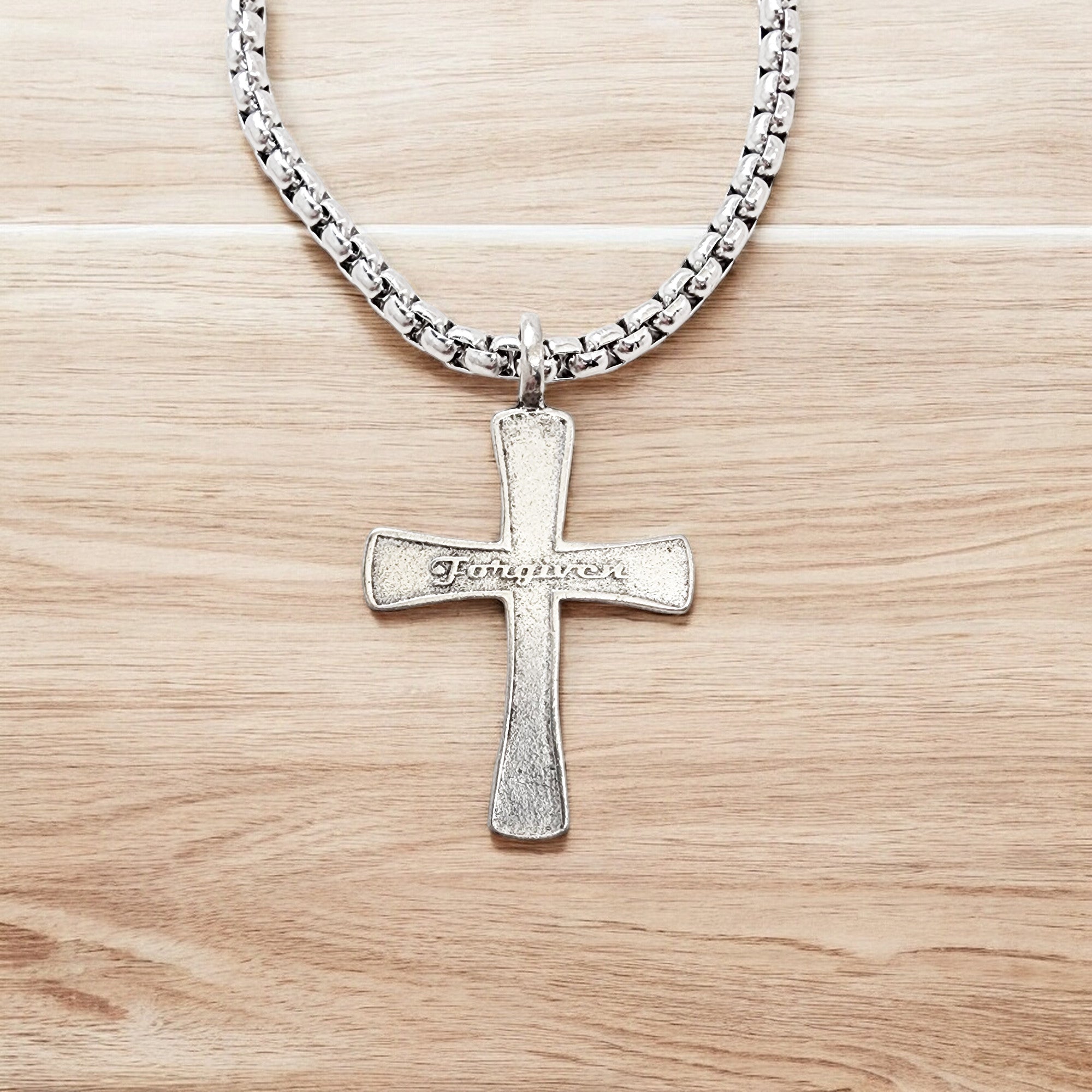 Cross Forgiven Antique Silver Metal Finish Heavy Chain Necklace