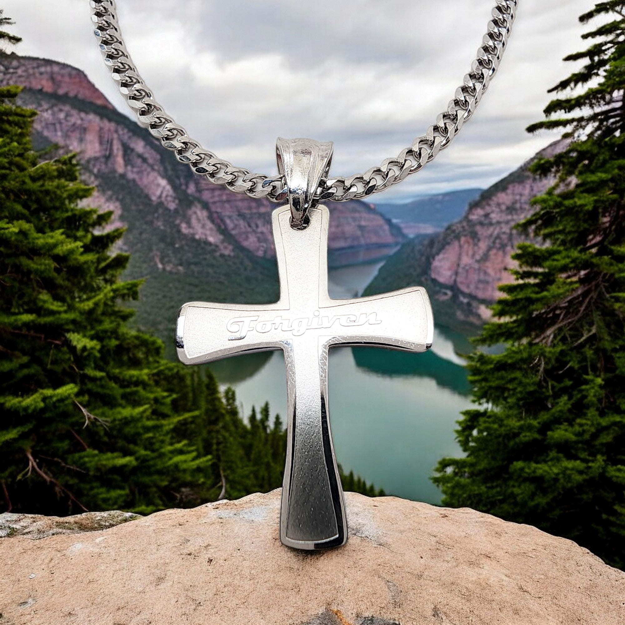 Cross Forgiven Stainless Steel Finish Curb Chain Necklace