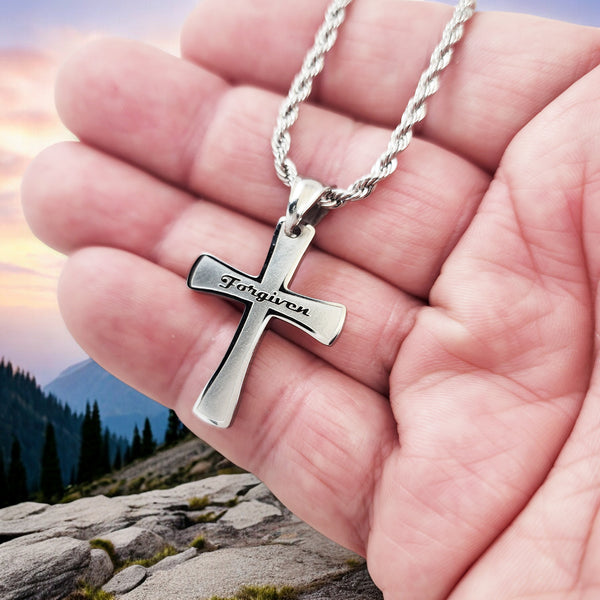 Cross Forgiven Stainless Steel Finish Rope Chain Necklace