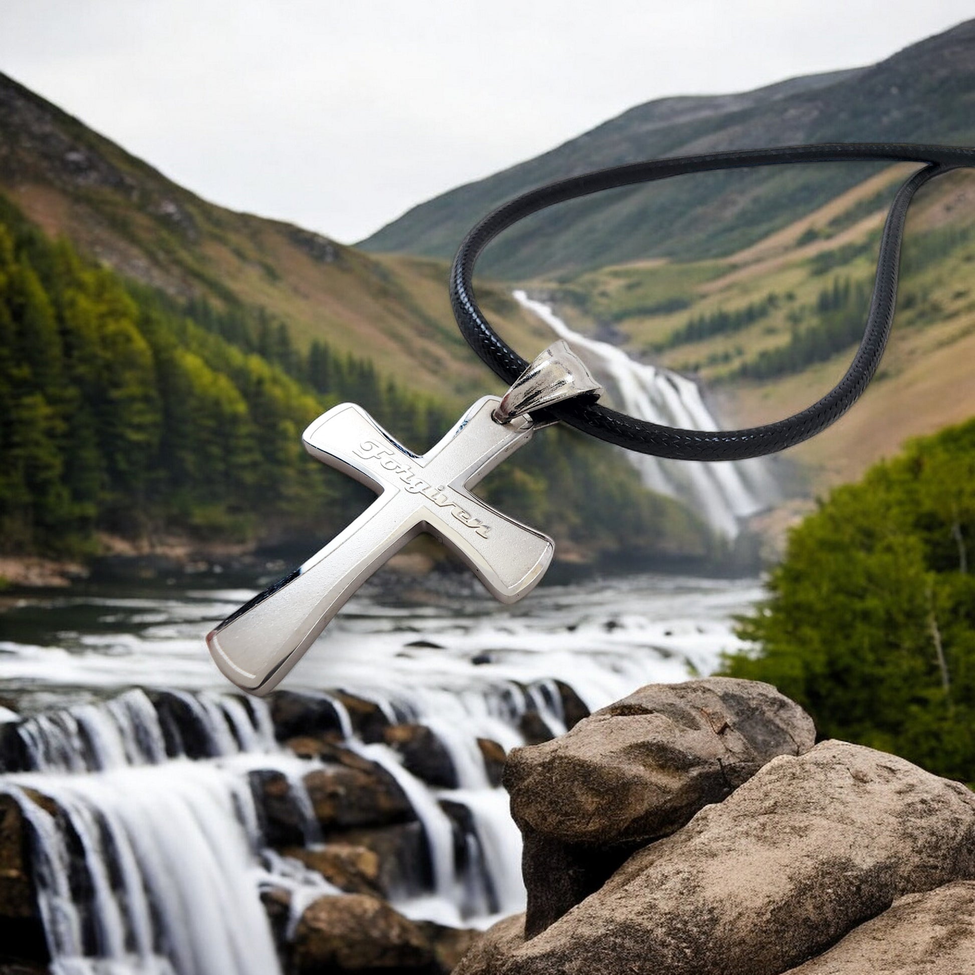Cross Forgiven Stainless Steel Finish Black Cord Necklace
