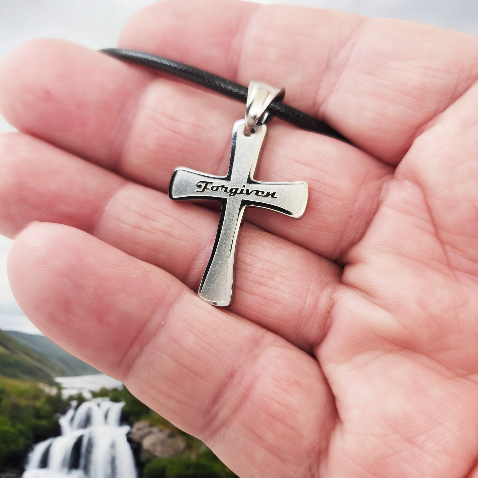 Cross Forgiven Stainless Steel Finish Black Cord Necklace
