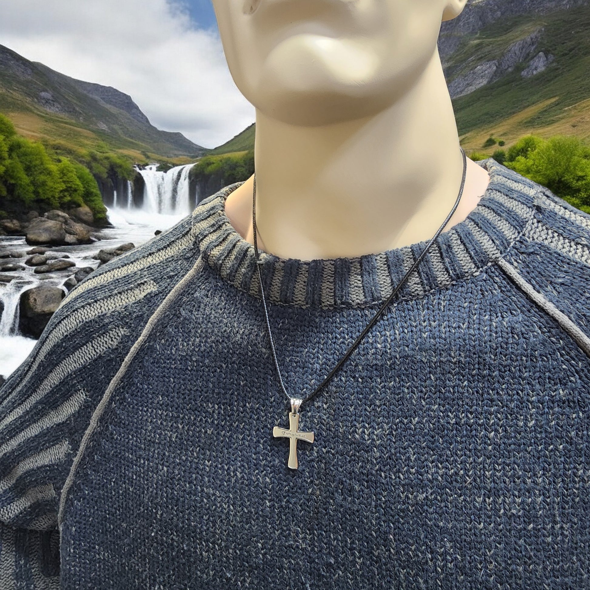 Cross Forgiven Stainless Steel Finish Black Cord Necklace