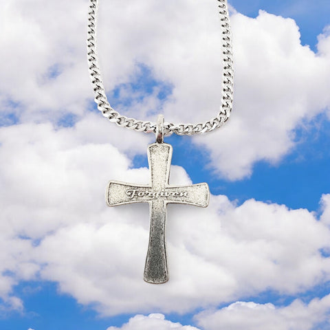 Cross Forgiven Antique Silver Metal Finish Curb Chain Necklace