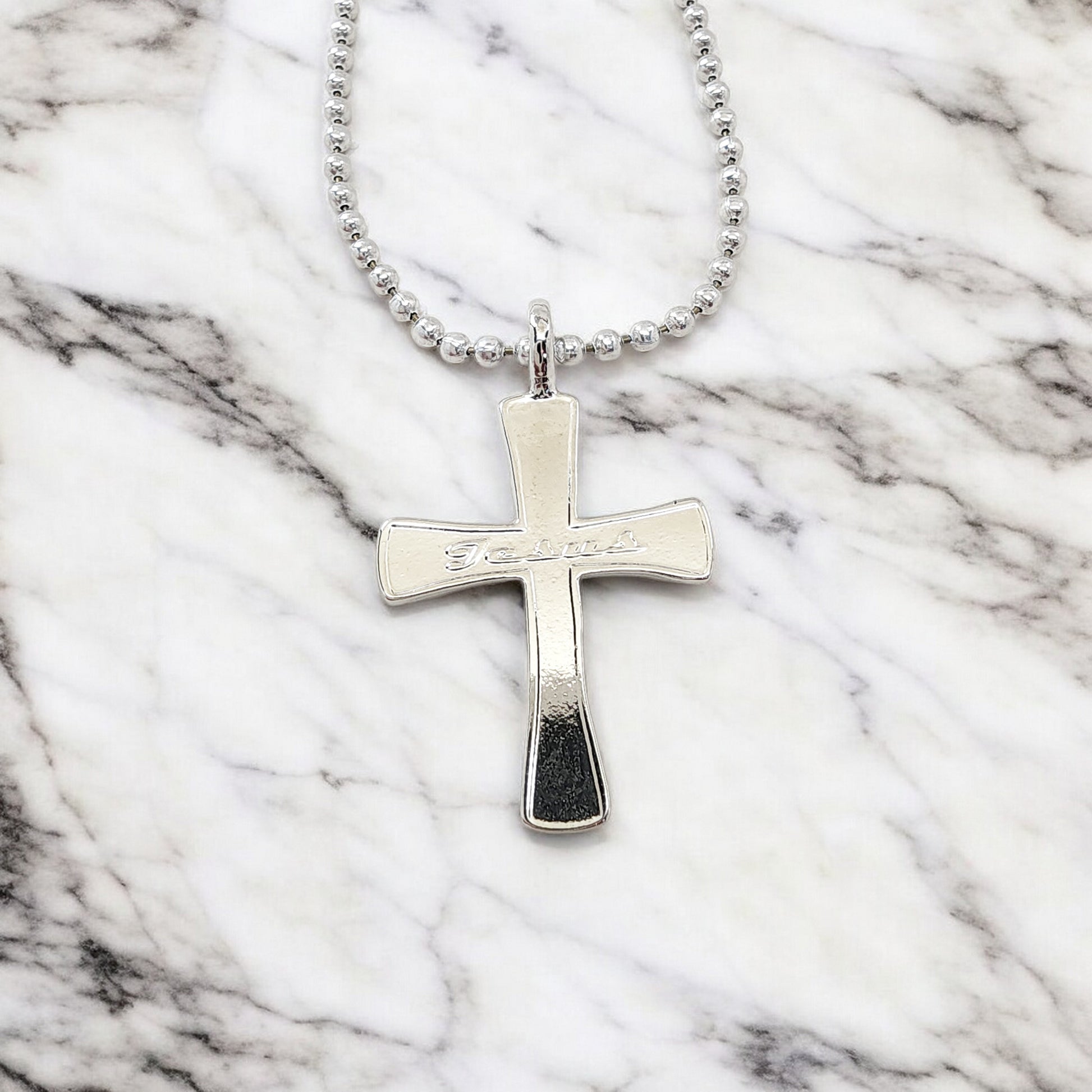 Jesus Cross Rhodium Metal Finish Ball Chain Necklace
