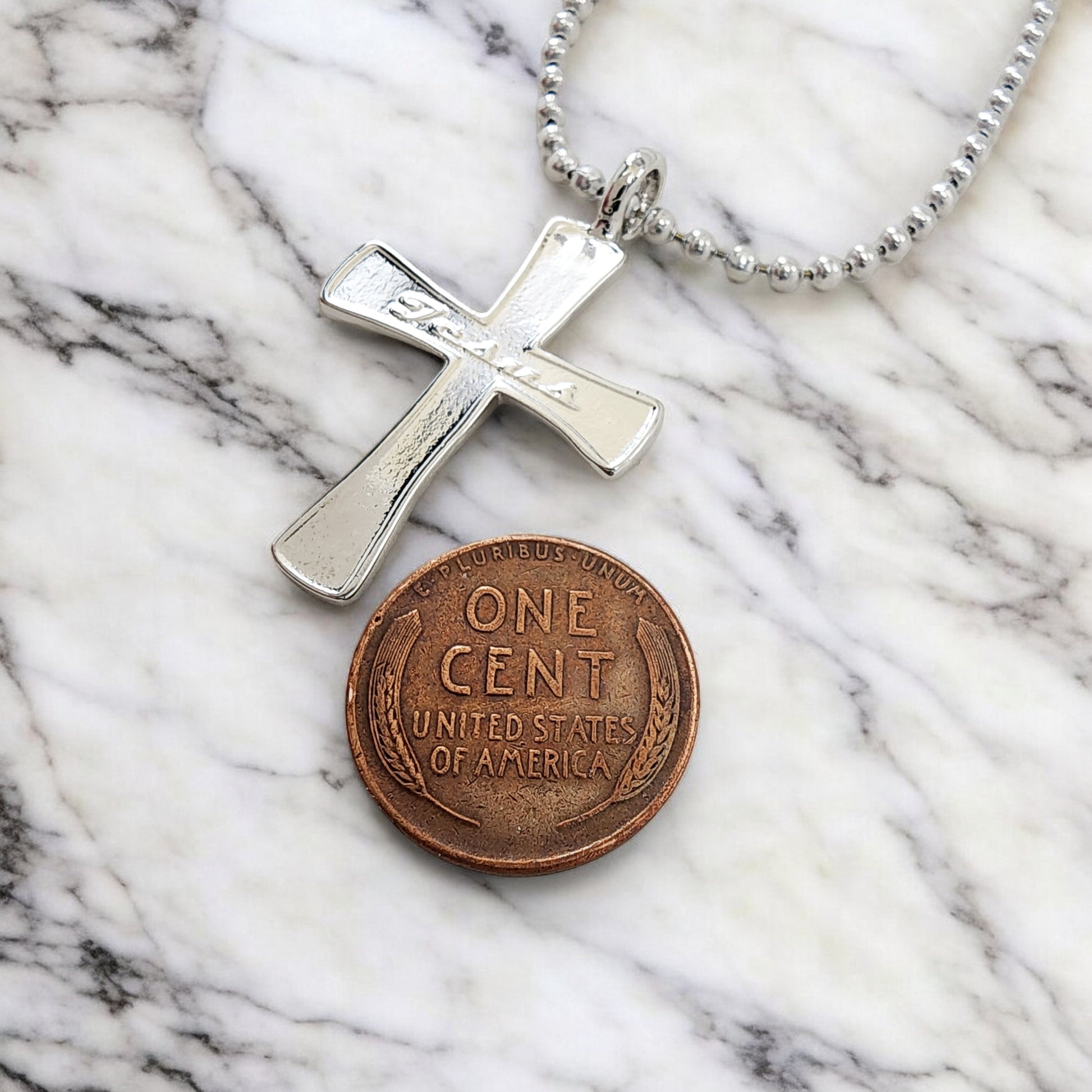 Jesus Cross Rhodium Metal Finish Ball Chain Necklace