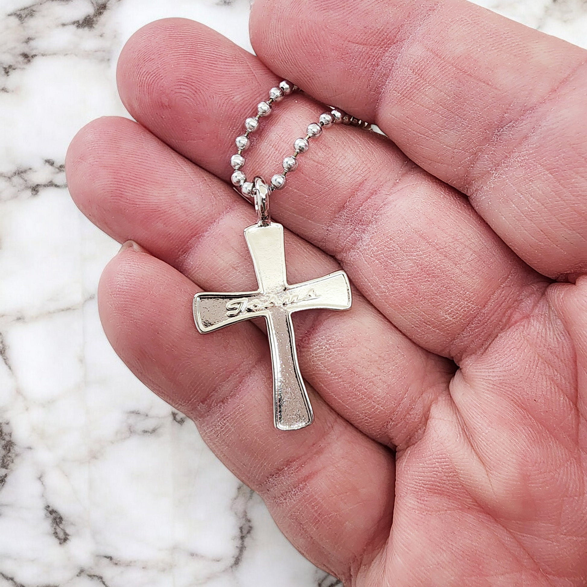 Jesus Cross Rhodium Metal Finish Ball Chain Necklace