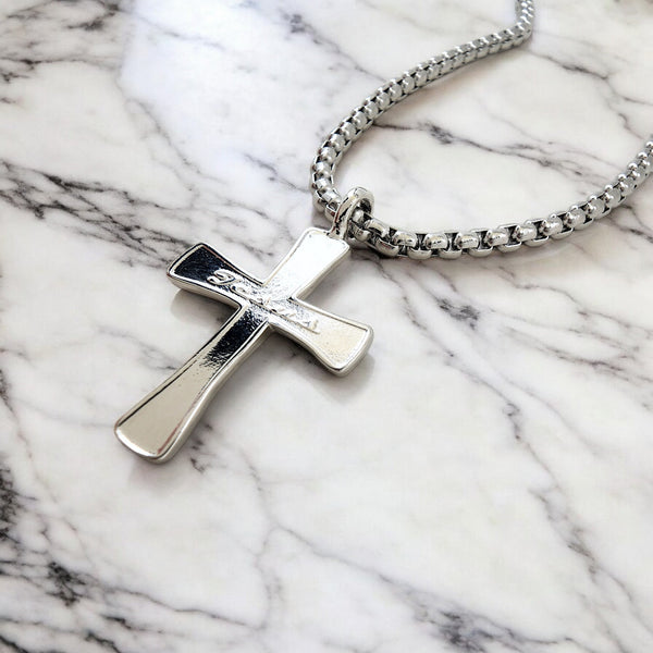 Cross Jesus Rhodium Silver Metal Finish Necklace Steel Heavy Chain Necklace