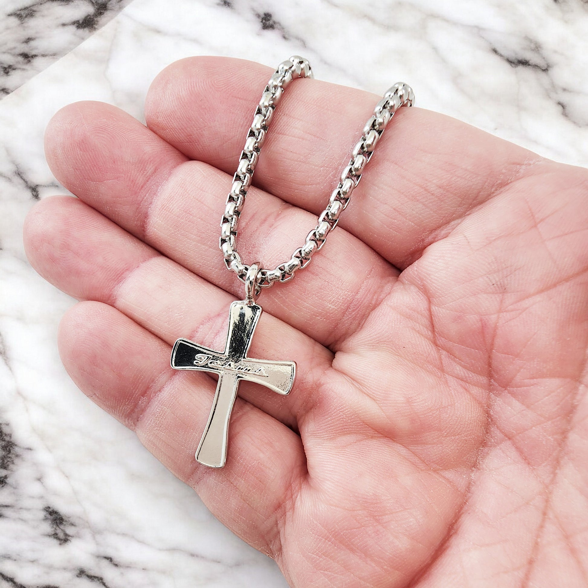 Cross Jesus Rhodium Silver Metal Finish Necklace Steel Heavy Chain Necklace