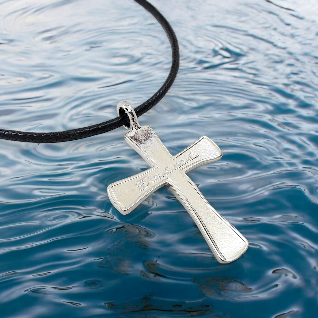 Jesus Cross Rhodium Metal Finish Black Cord Necklace