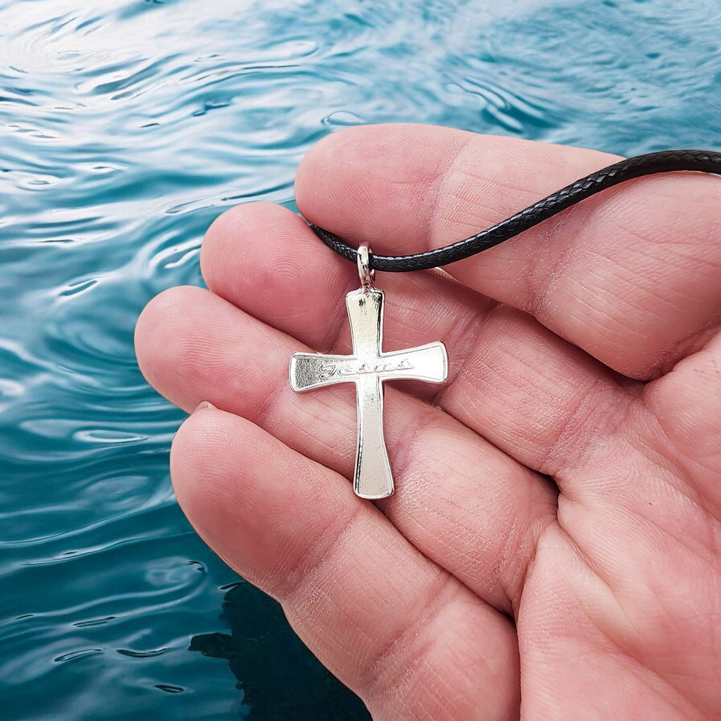 Jesus Cross Rhodium Metal Finish Black Cord Necklace
