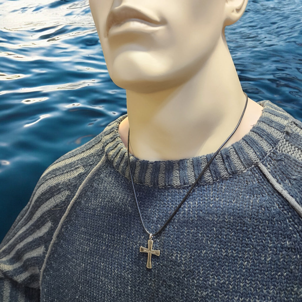 Jesus Cross Rhodium Metal Finish Black Cord Necklace