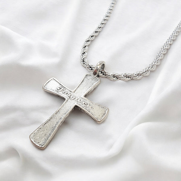 Cross Forgiven Antique Silver Metal Finish Rope Chain Necklace