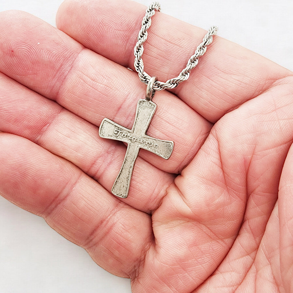 Cross Forgiven Antique Silver Metal Finish Rope Chain Necklace