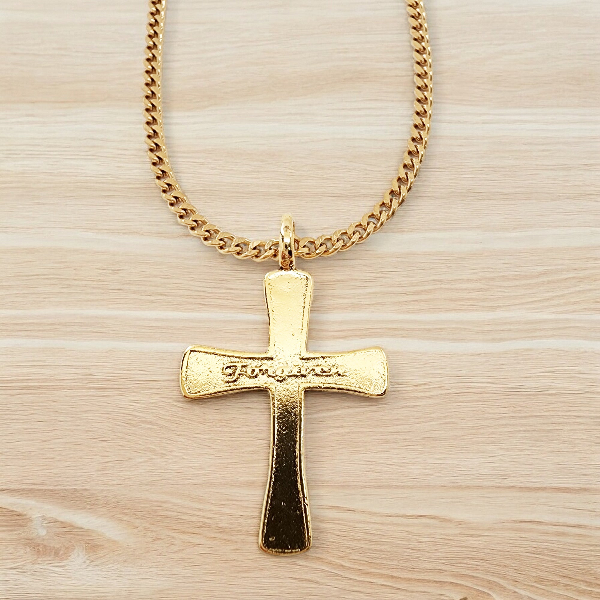 Forgiven Cross Gold Metal Finish Gold Curb Chain Necklace