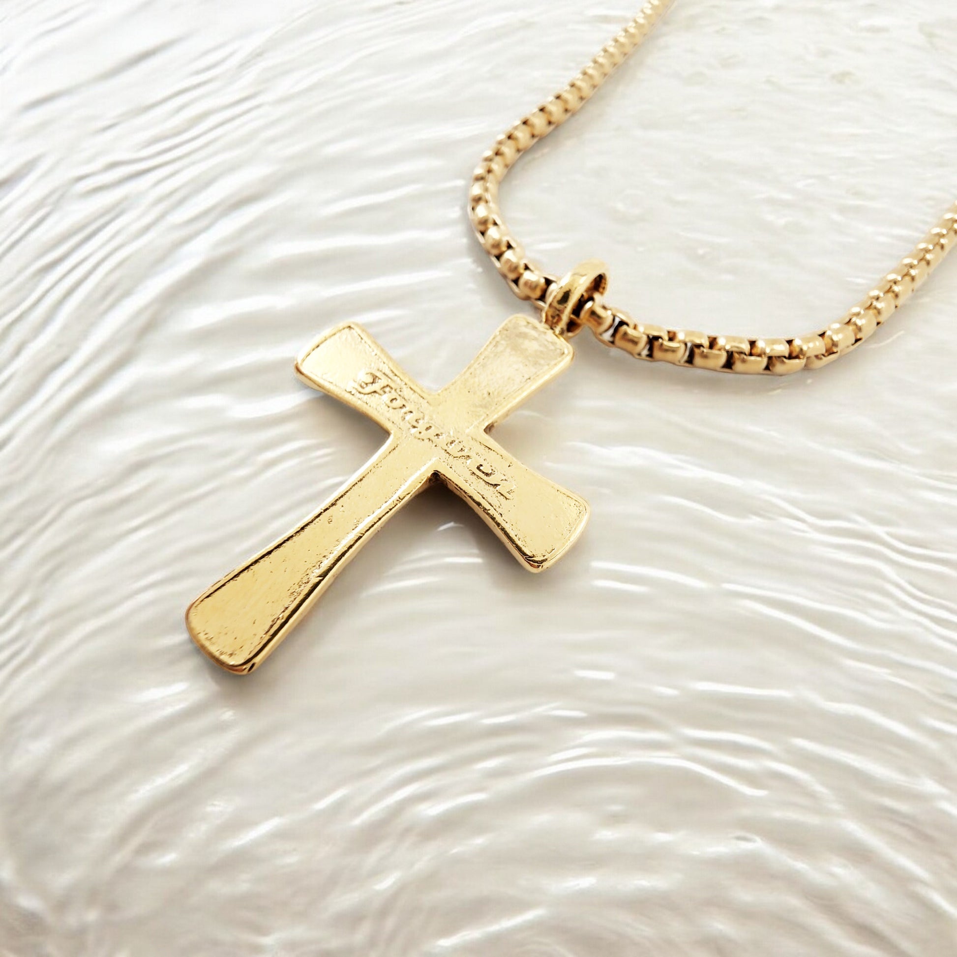 Forgiven Cross Gold Metal Finish Gold Heavy Chain Necklace