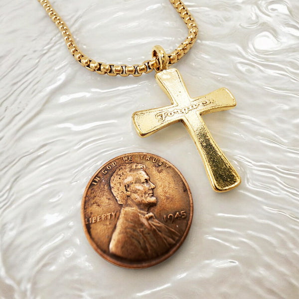 Forgiven Cross Gold Metal Finish Gold Heavy Chain Necklace