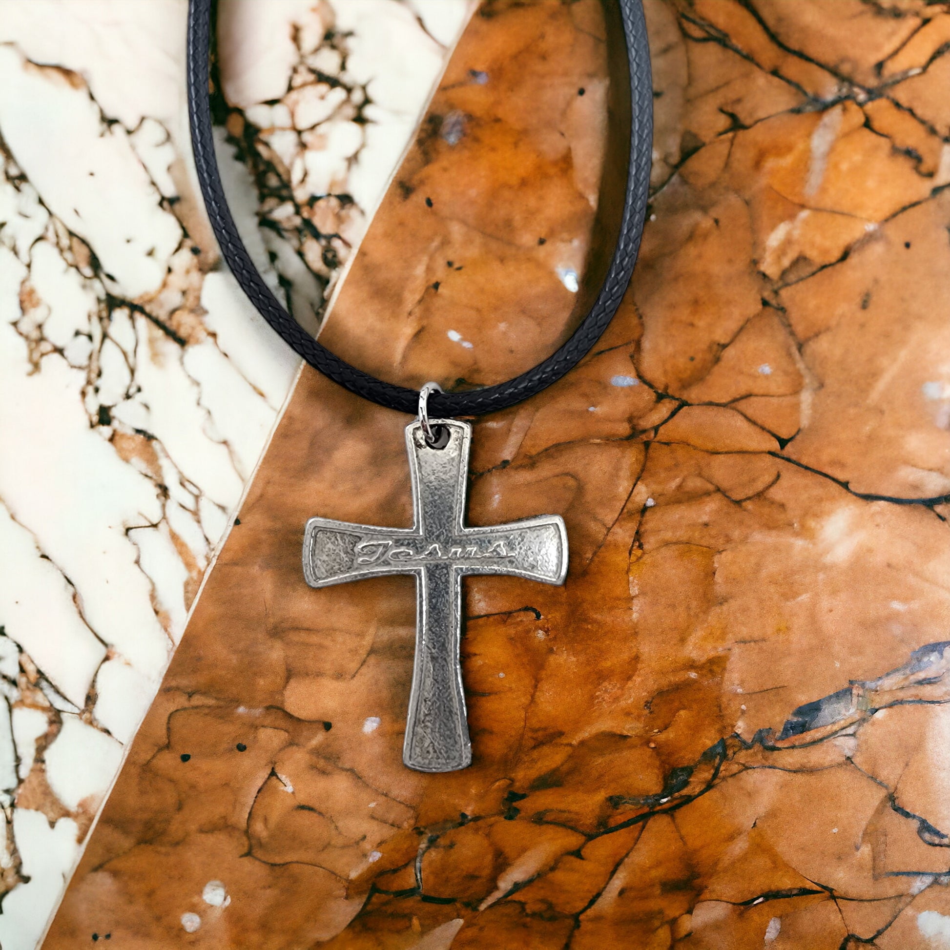 Jesus Cross Antique Silver Metal Finish Black Cord Necklace