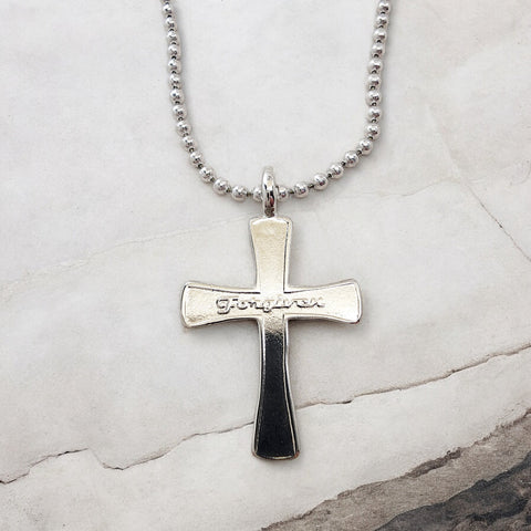 Forgiven Cross Rhodium Metal Finish Ball Chain Necklace