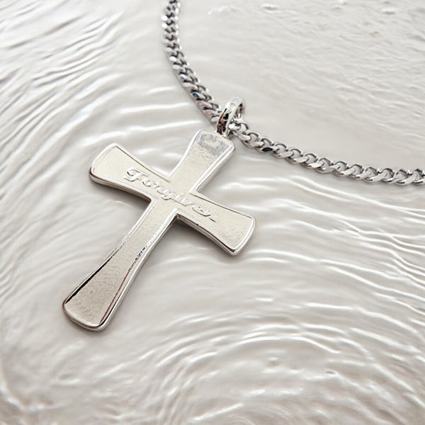 Forgiven Cross Rhodium Metal Finish Curb Chain Necklace