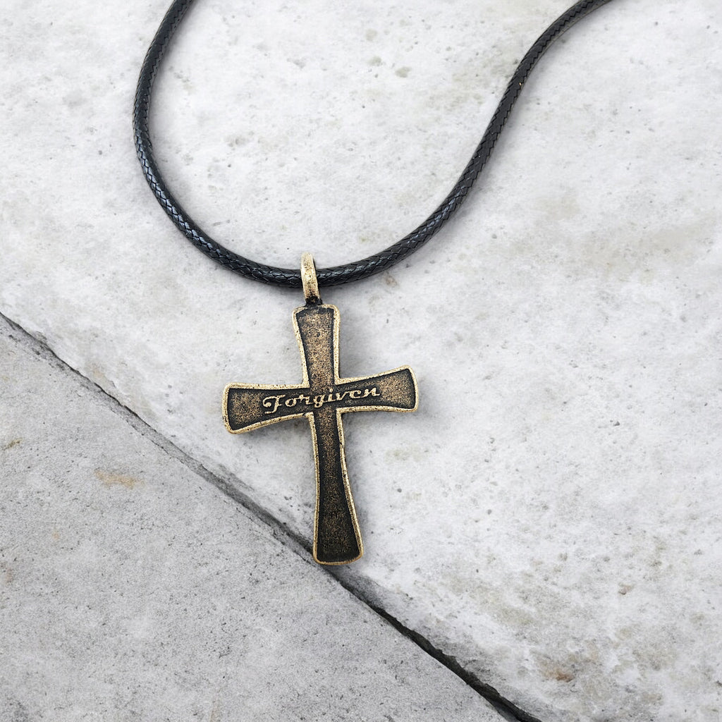 Forgiven Cross Antique Brass Metal Finish Black Cord Necklace
