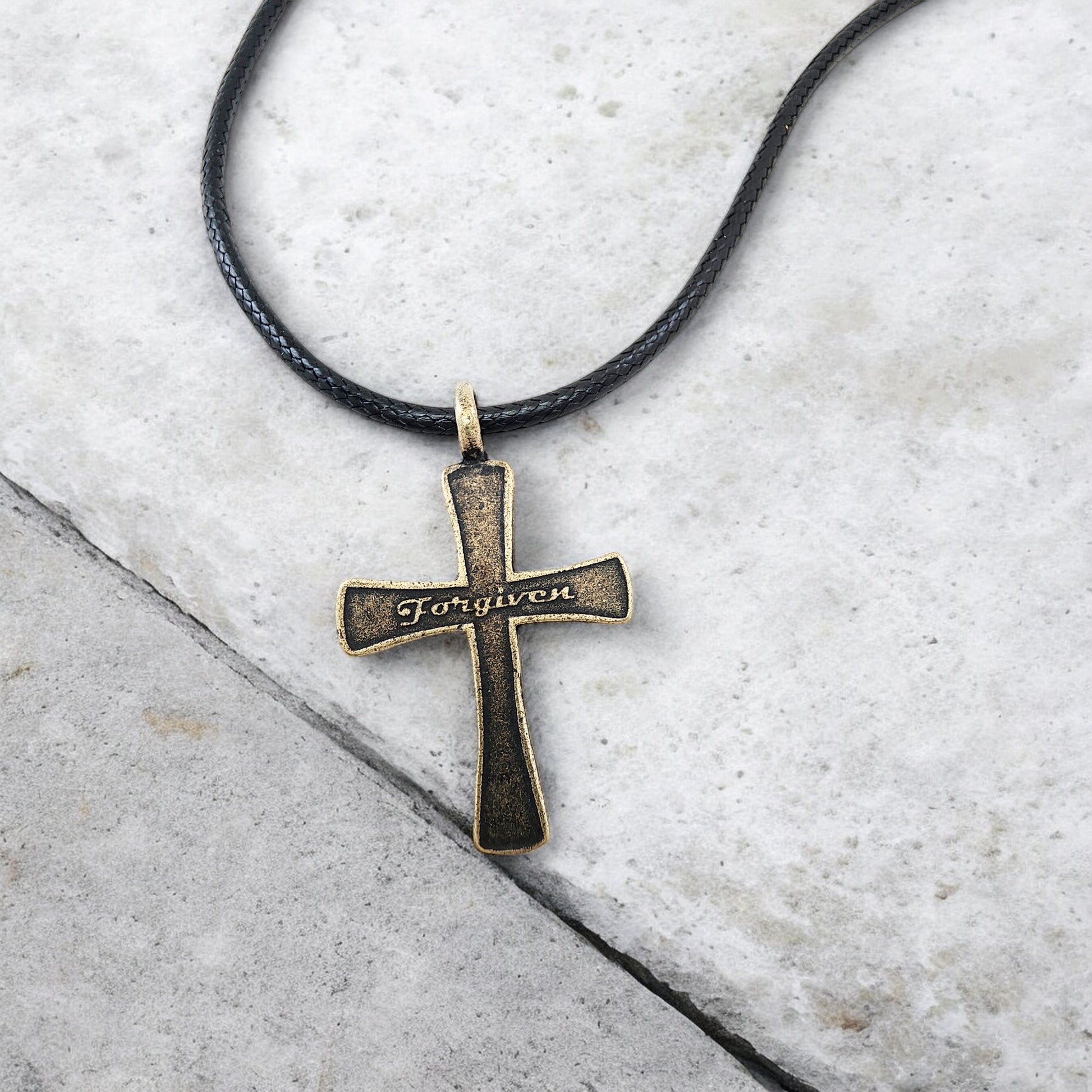 Forgiven Cross Antique Brass Metal Finish Black Cord Necklace