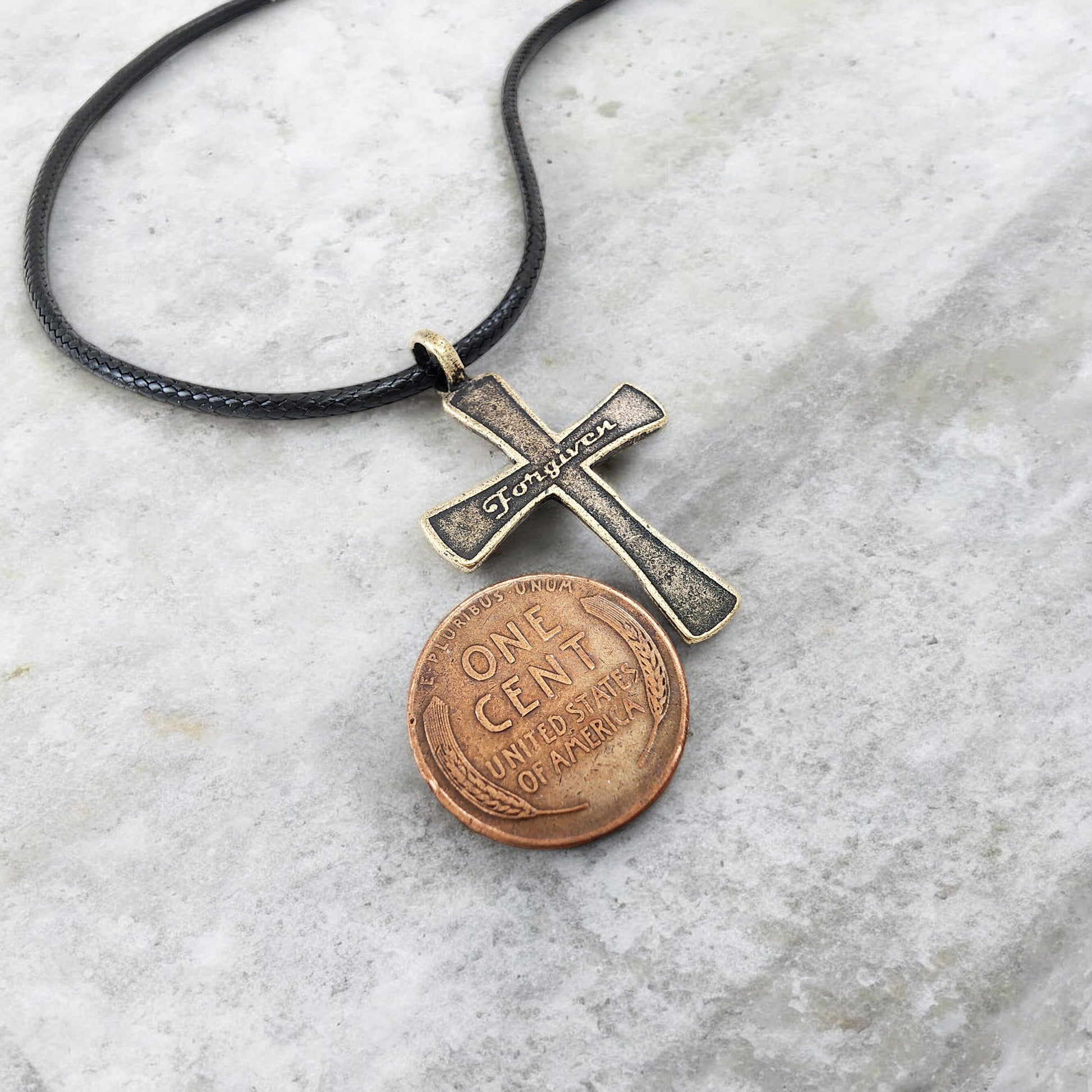 Forgiven Cross Antique Brass Metal Finish Black Cord Necklace