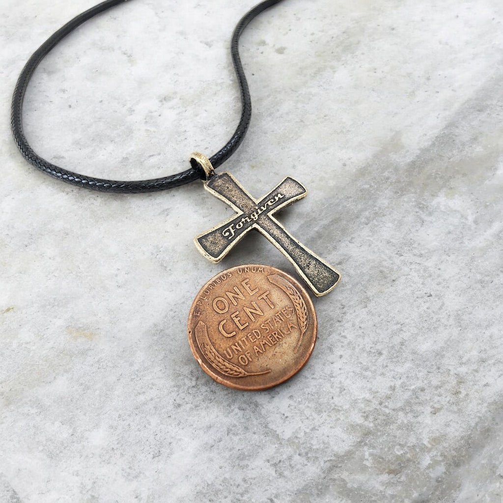 Forgiven Cross Antique Brass Metal Finish Black Cord Necklace