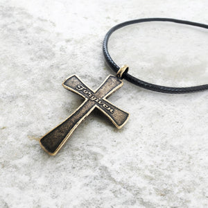 Forgiven Cross Antique Brass Metal Finish Black Cord Necklace
