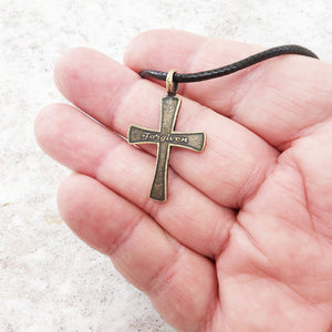 Forgiven Cross Antique Brass Metal Finish Black Cord Necklace